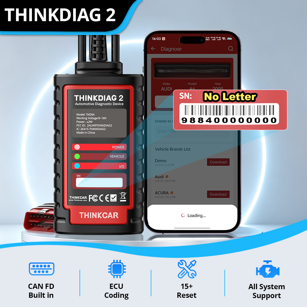 Thinkcar Thinkdiag 2 - Thinkcar Thinkdiag 2 OBD2 Bluetooth-Diagnosetool, Vollsystem-Diagnose,